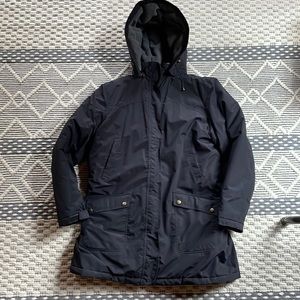 Lands’ End Black Winter Jacket with Hood Pockets, Front Zipper.